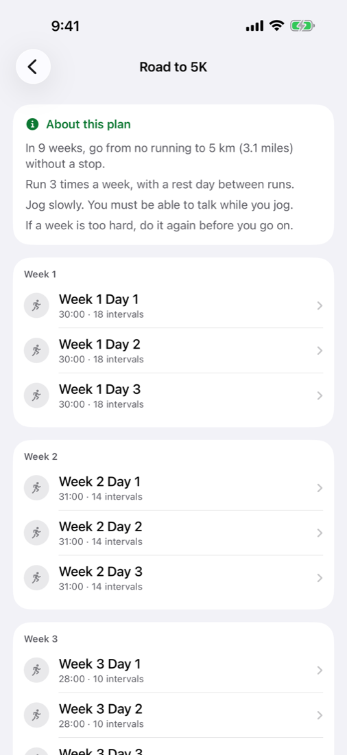The Road to 5K program, week by week.